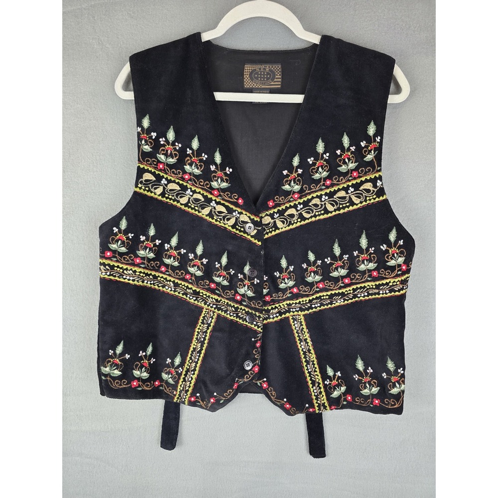 New Directions Vest Womens Medium Black Floral Embroidered Boho Western Velvet